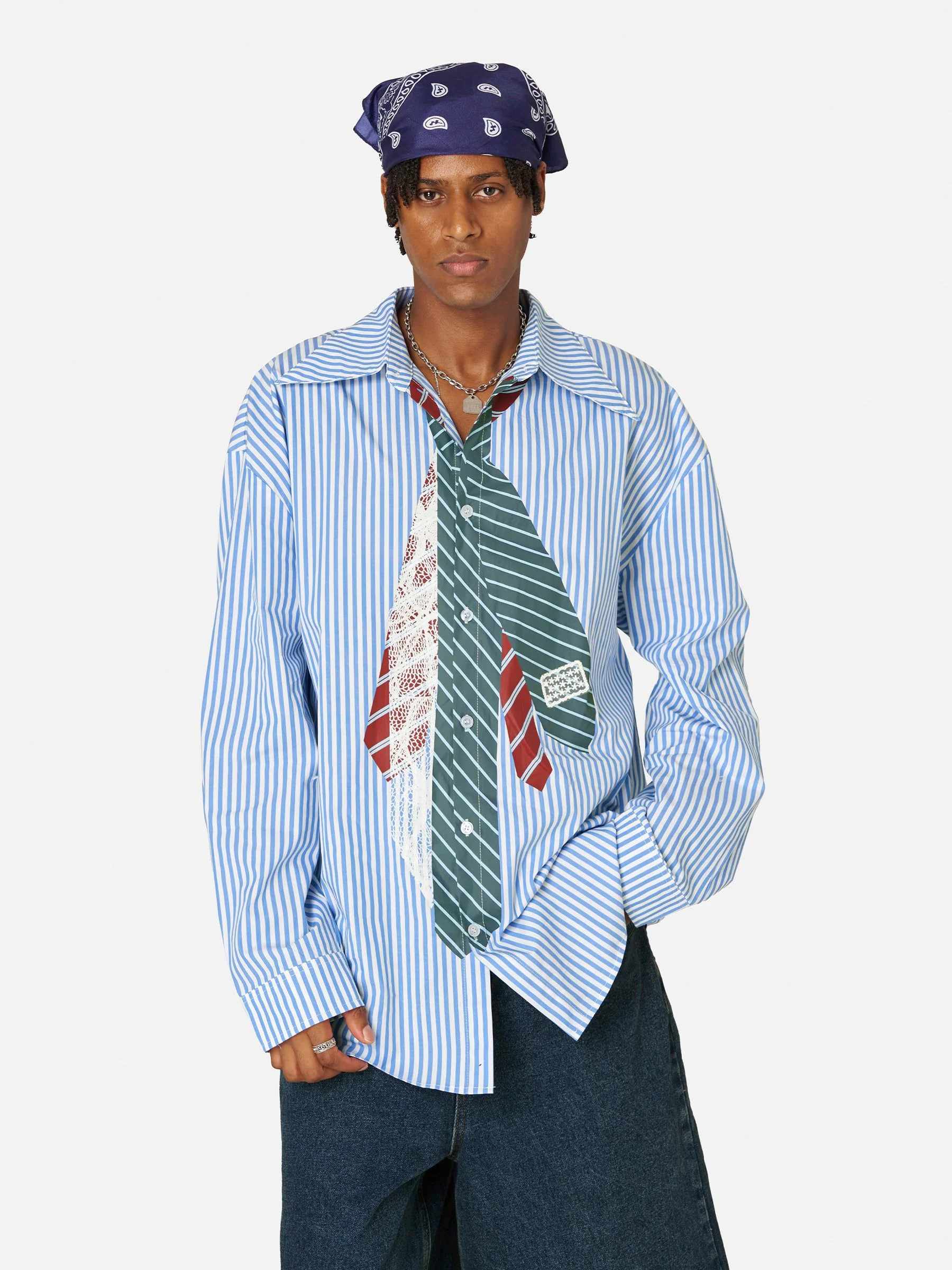 Aelfric Eden Necktie Graphic Stripe Long Sleeve Shirt - Image 4